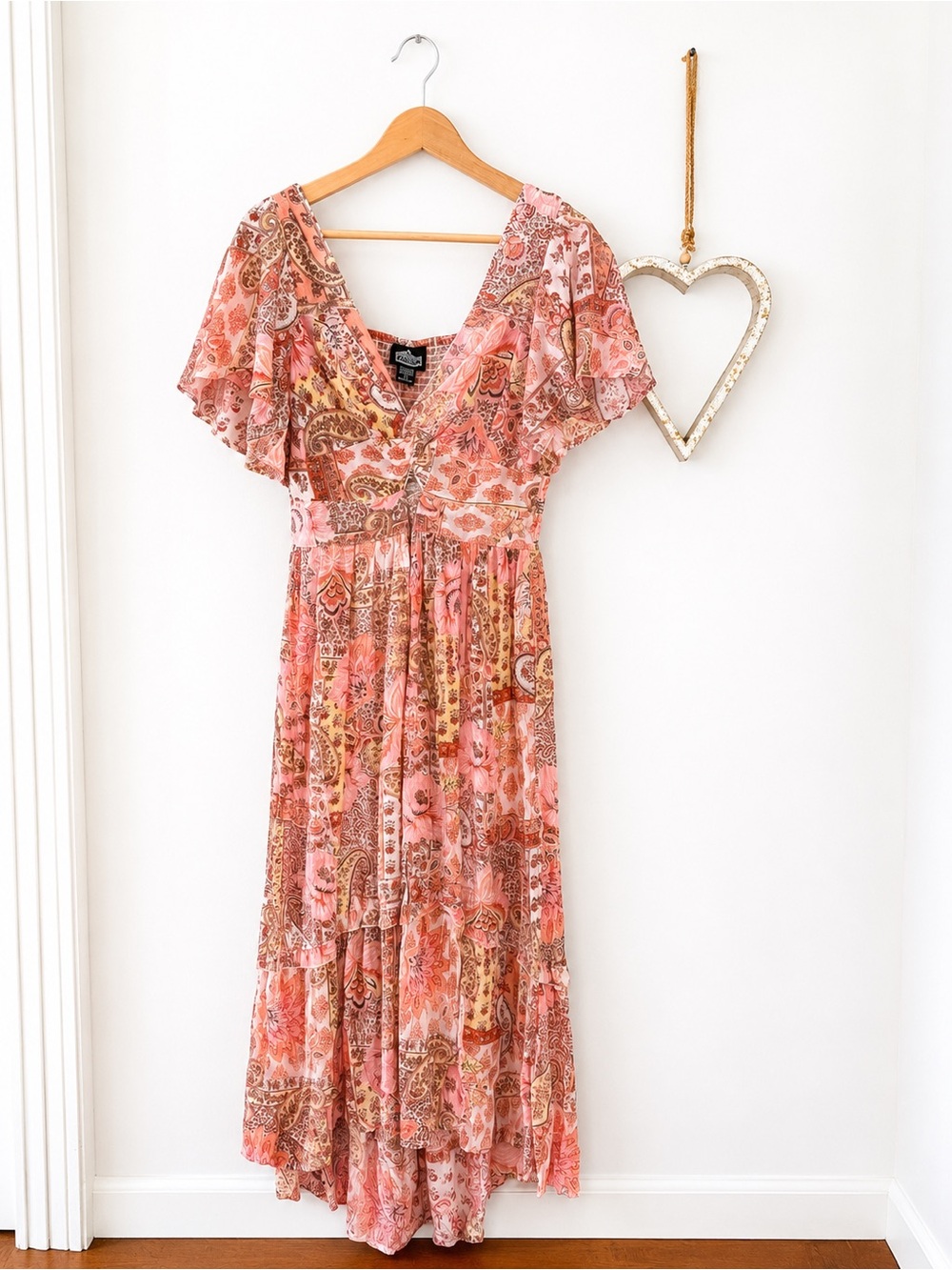 Angie Boho Pink Paisley High Low Maxi Dress Romantic Cottagecore Festival LARGE - Picture 2 of 14